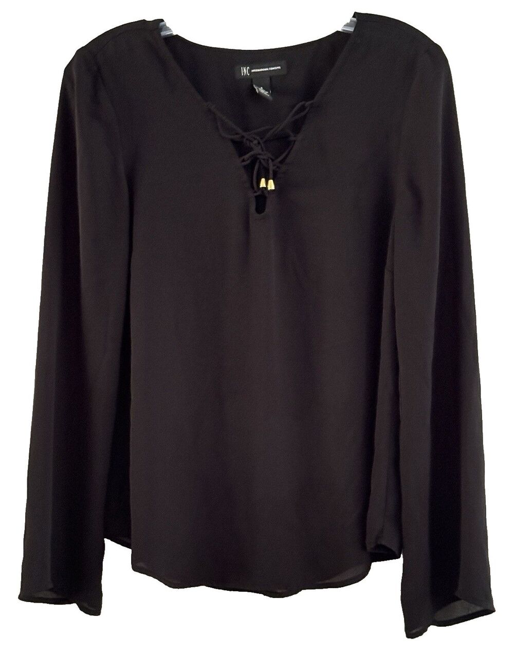 INC Black Lace-Up V-Neck Sheer Blouse Long Sleeve Witchy Goth Size 4
